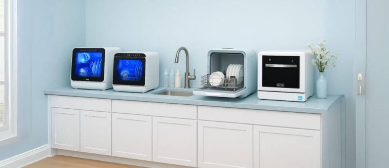 Modern kitchen featuring four of the Best Countertop Dishwashers with Baby Care Program, neatly placed on a light blue counter with baby bottles and clean dishes.