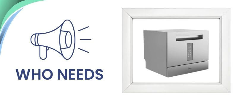 An image has a product picture on the right side and a speaker icon with the text "Who Needs" on the left. It is the image of the section "Who Needs hOmeLabs ‎HME010393N Dishwasher.