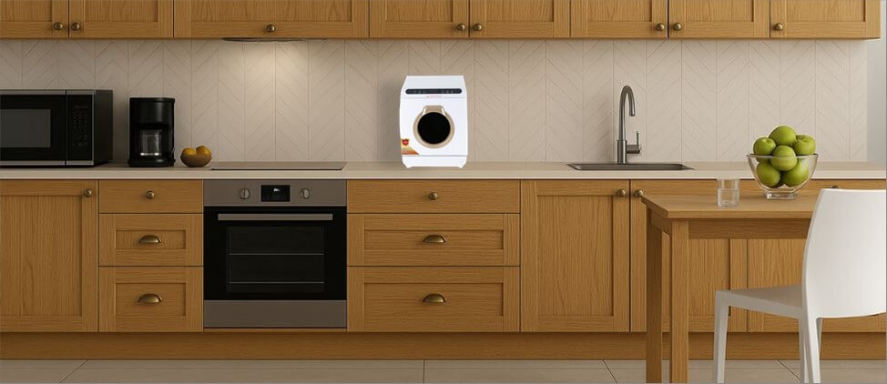 A size comparison graphic illustrating the Xuthusman 1-260FSE65RE dishwasher's dimensions in relation to a kitchen counter and standard human heights. The diagram provides a visual reference for users to gauge its compact form factor and placement in a typical kitchen setup.