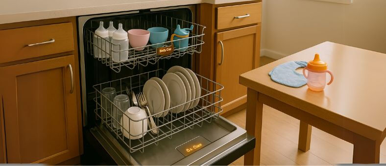Open dishwasher in a warm kitchen loaded with baby bottles, cups, and standard dishes, with a labeled “Baby Care” rack and baby items on the nearby table, illustrating the practicality of a Baby Care Dishwasher Program for modern families.
