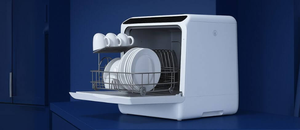 Most Reliable Countertop Dishwashers White dishwasher placed on a blue kitchen counter with clean plates and cups inside, showcasing one of the most reliable countertop dishwashers.