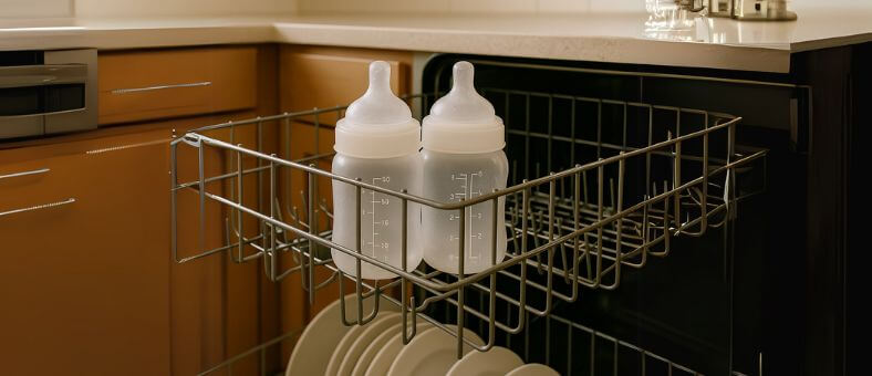 Two baby bottles with measurement markings placed upside down in the top rack of an open dishwasher, illustrating the sterilization benefits of the Baby Care Dishwasher Cycle for infant safety.