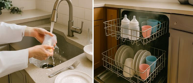 Split image showing a woman hand-washing a baby bottle at a sink with water splashing and baby items nearby, alongside a loaded dishwasher mid-cycle with baby bottles and cups, highlighting the efficiency of the Baby Care Dishwasher cycle.