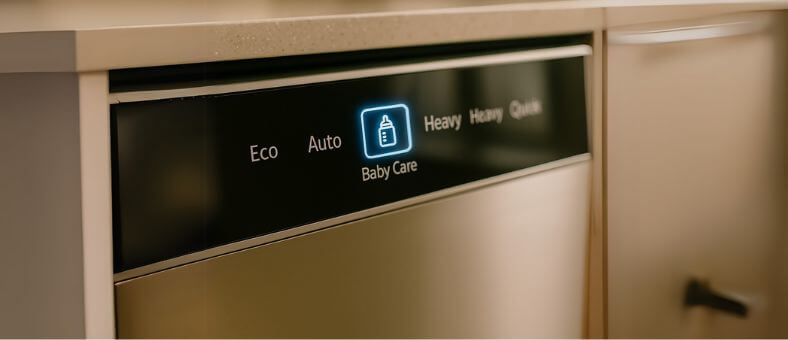 Close-up of a dishwasher control panel with a glowing "Baby Care" cycle icon highlighted among other settings, emphasizing its specialized function for sterilizing baby items.