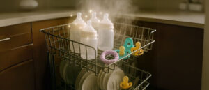 Upper dishwasher rack loaded with baby bottles, pacifiers, and teething toys with visible steam and sparkle effects, visually representing the sterilizing benefits of the Baby Care Dishwasher Cycle.