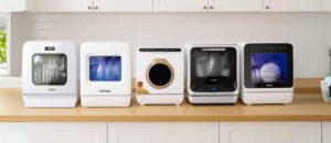 Best Countertop Dishwashers For Small Kitchens displayed on a modern bright kitchen countertop, showcasing compact and stylish dishwasher models side by side.