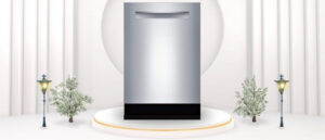 A featured image of the topic BOSCH SHPM65Z55N Dishwasher Review. A BOSCH SHPM65Z55N dishwasher is showcased on a pedestal with a glowing halo at the base, flanked by ornamental plants and other things, set against a backdrop of elegant white curtains.