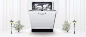 A featured image of the topic BOSCH SHVM63W53N Dishwasher Review. A BOSCH SHVM63W53N dishwasher is showcased on a pedestal with a glowing halo at the base, flanked by ornamental plants and other things, set against a backdrop of elegant white curtains.