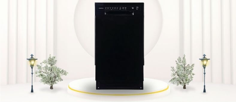 A featured image of the topic EdgeStar BIDW1802BL Dishwasher Review. A EdgeStar BIDW1802BL dishwasher is showcased on a pedestal with a glowing halo at the base, flanked by ornamental plants and other things, set against a backdrop of elegant white curtains.
