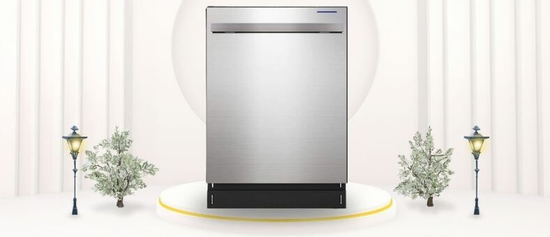 A featured image of the topic SHARP SDW6757ES Dishwasher Review. A SHARP SDW6757ES dishwasher is showcased on a pedestal with a glowing halo at the base, flanked by ornamental plants and other things, set against a backdrop of elegant white curtains.