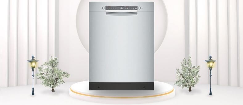 A featured image of the topic BOSCH SGE53B55UC Dishwasher Review. A BOSCH SGE53B55UC dishwasher is showcased on a pedestal with a glowing halo at the base, flanked by ornamental plants and other things, set against a backdrop of elegant white curtains.