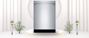 A featured image of the topic BOSCH SHXM78Z55N Dishwasher Review. A BOSCH SHXM78Z55N dishwasher is showcased on a pedestal with a glowing halo at the base, flanked by ornamental plants and other things, set against a backdrop of elegant white curtains.