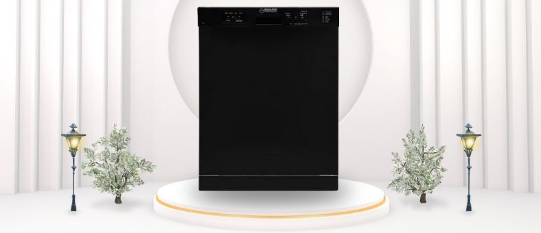 A featured image of the topic Equator Advanced Appliances BB 82 Dishwasher Review. A Equator Advanced Appliances BB 82 dishwasher is showcased on a pedestal with a glowing halo at the base, flanked by ornamental plants and other things, set against a backdrop of elegant white curtains.