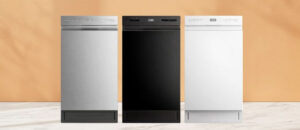 Midea MDF18A1AST Dishwasher Review showing three 18-inch dishwashers in stainless steel, black, and white finishes displayed side by side on a warm showroom background.