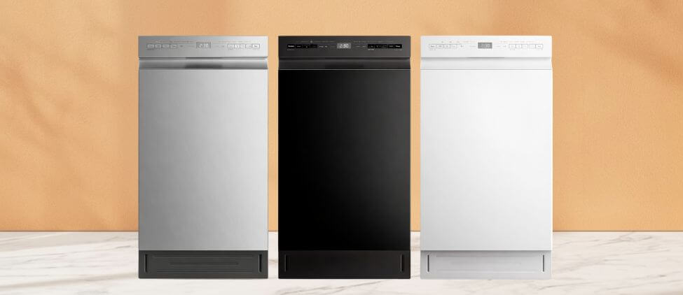 Midea MDF18A1AST Dishwasher Review showing three 18-inch dishwashers in stainless steel, black, and white finishes displayed side by side on a warm showroom background.