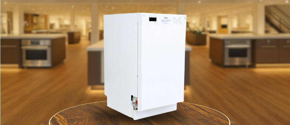 In this Avanti DWF18V0W Dishwasher Review image, the built-in (under-counter) dishwasher is displayed in a showroom setting, highlighting its modern design and sleek front panel.