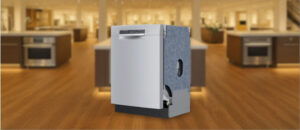 In this BOSCH SGE53B55UC Dishwasher Review image, the built-in (under-counter) dishwasher is displayed in a showroom setting, highlighting its modern design and sleek front panel.