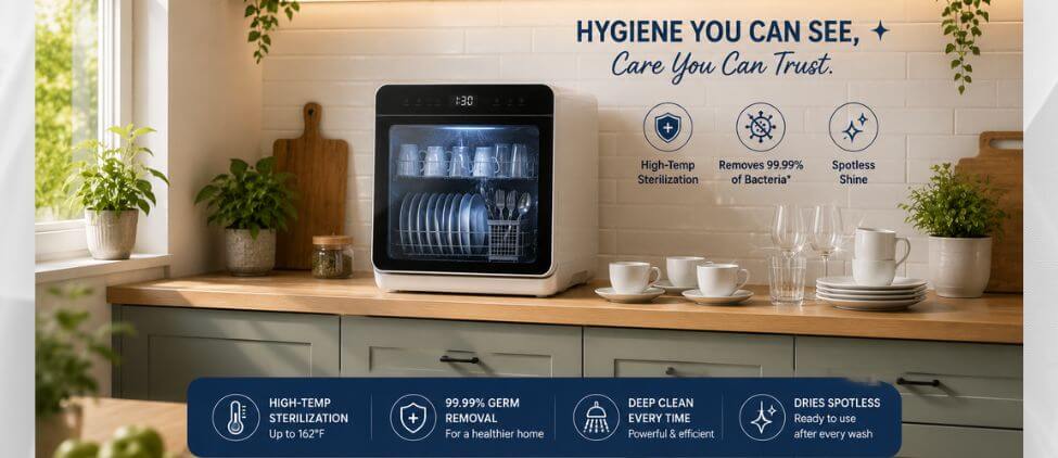 Best Sterilizing Countertop Dishwashers are displayed on a modern kitchen countertop, with sparkling-clean cups, glasses, and dishes beside the appliance, highlighting high-temperature sanitization, hygienic cleaning, and spotless drying in a bright, contemporary kitchen.