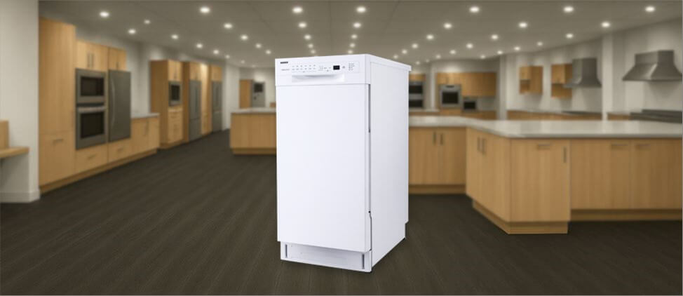 Feature image of EdgeStar BIDW1802WH Dishwasher The image shows the built-in (under-counter) dishwasher is placed in an appliance showroom.