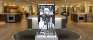 Feature image of EdgeStar BIDW1802WH Dishwasher Review: The image shows the built-in (under-counter) dishwasher is placed in an appliance showroom, displaying the dishwasher’s refined and modern look, with a streamlined front panel and stylish build that complements today’s kitchens.