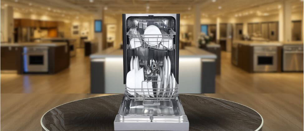 A featured image of the topic EdgeStar BIDW1802WH Dishwasher Review. A EdgeStar BIDW1802WH dishwasher is showcased on a pedestal with a glowing halo at the base, flanked by ornamental plants and other things, set against a backdrop of elegant white curtains.