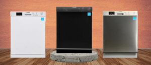 Equator BB 82 dishwasher review hero image showing three Equator built-in dishwashers, white, black on a pedestal, and stainless steel against a warm backdrop