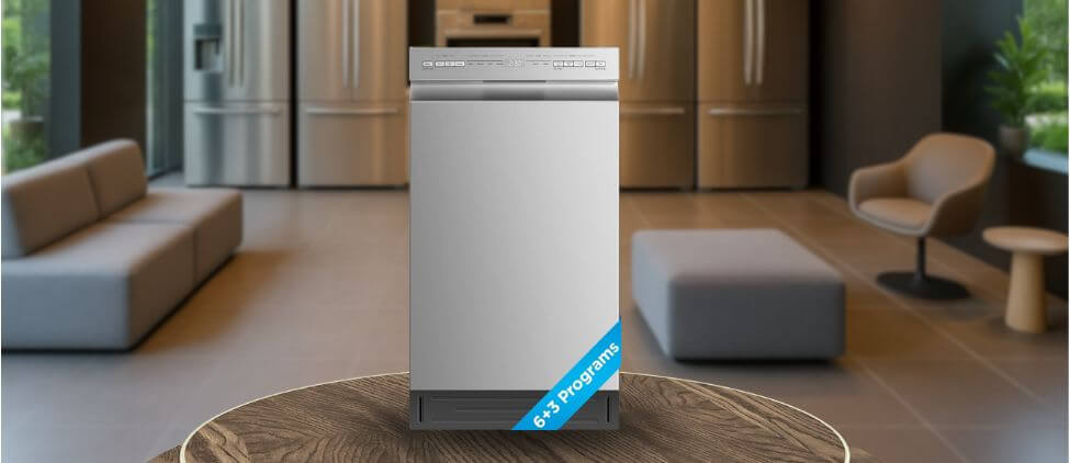A featured image of the topic Midea MDF18A1AST Dishwasher Review. A Midea MDF18A1AST dishwasher is showcased on a pedestal with a glowing halo at the base, flanked by ornamental plants and other things, set against a backdrop of elegant white curtains.