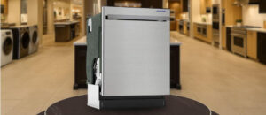 SHARP SDW6757ES Dishwasher Review image showing the built-in (under-counter) dishwasher is placed in a showroom, emphasizing its streamlined front panel and modern aesthetic.