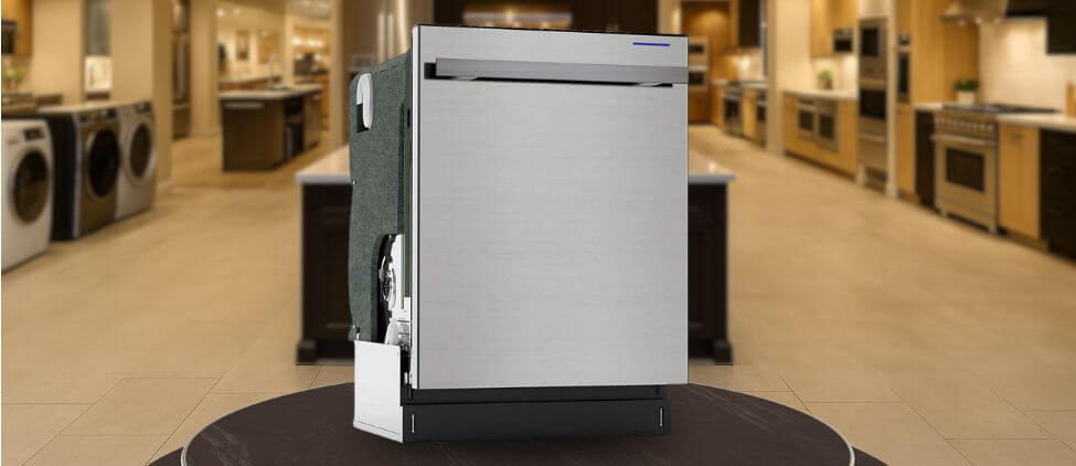 Image showing the SHARP SDW6757ES built-in (under-counter) dishwasher is placed in a showroom, emphasizing its streamlined front panel and modern aesthetic.