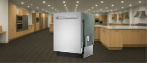 SHARP SDW6767HS Dishwasher Review image showing the built-in (under-counter) dishwasher is placed in a showroom, emphasizing its streamlined front panel and modern aesthetic.