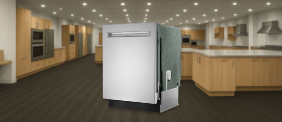 A featured image of the topic SHARP SDW6767HS Dishwasher Review. A SHARP SDW6767HS dishwasher is showcased on a pedestal with a glowing halo at the base, flanked by ornamental plants and other things, set against a backdrop of elegant white curtains.