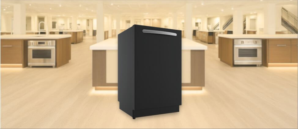 In this Summit DW243BADA Dishwasher Review image, the built-in (under-counter) dishwasher is displayed in a showroom setting, highlighting its modern design and front panel.
