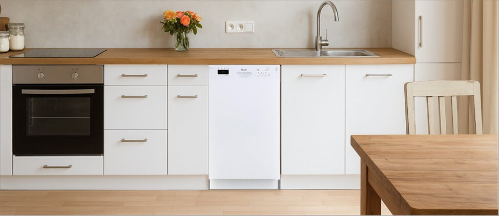 A sleek, contemporary kitchen with built-in cabinetry, integrated appliances, and a modern sink setup. The Avanti DWF18V0W dishwasher is seamlessly installed within the cabinetry, demonstrating its compatibility with clean, minimalist kitchen designs.
