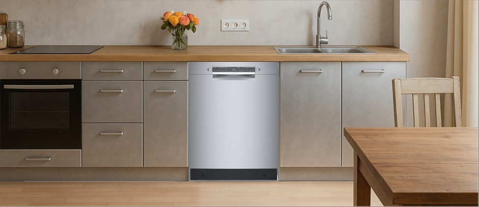 A stylish, modern kitchen showcasing streamlined cabinetry, an integrated sink, and smart appliance placement. The BOSCH SGE53B55UC built-in dishwasher is neatly housed within the cabinets, blending effortlessly into the functional and elegant kitchen layout.