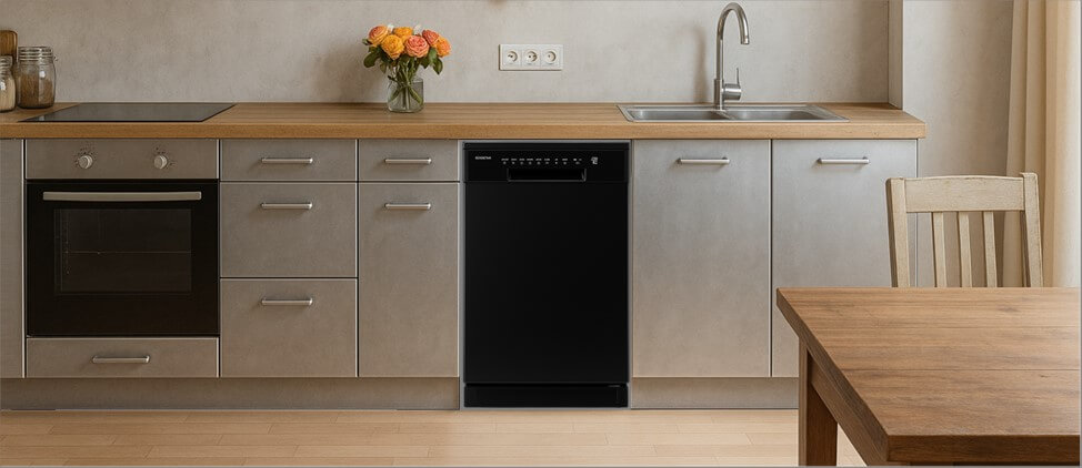A sleek, contemporary kitchen with built-in cabinetry, integrated appliances, and a modern sink setup. The EdgeStar BIDW1802BL dishwasher is seamlessly installed within the cabinetry, demonstrating its compatibility with clean, minimalist kitchen designs.