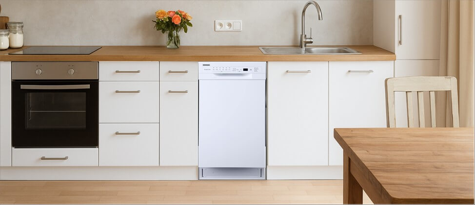 A bright, modern kitchen featuring built-in cabinetry with integrated appliances and a sink. One of the cabinets is fitted with a the EdgeStar BIDW1802WH dishwasher, highlighting how well it integrates into a minimalist, functional kitchen layout.