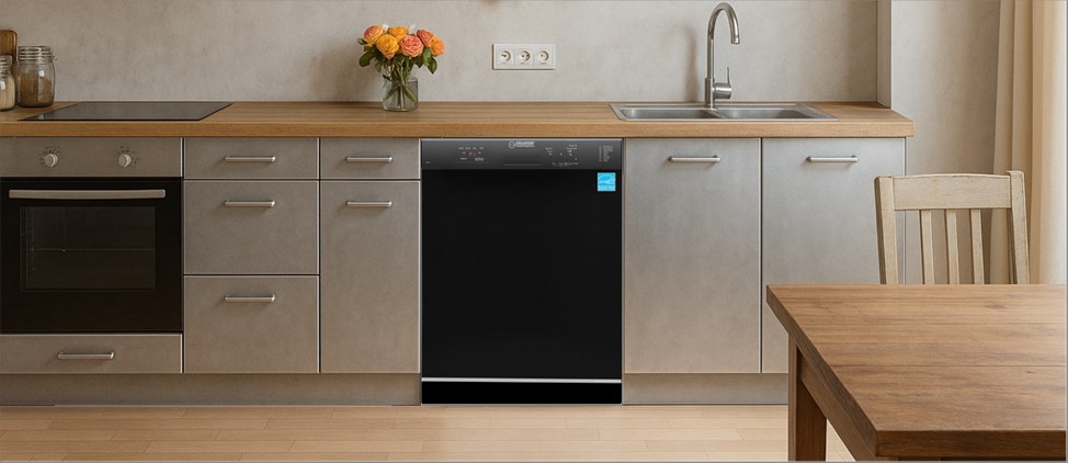 A stylish, modern kitchen showcasing streamlined cabinetry, an integrated sink, and smart appliance placement. The Equator BB 82 built-in dishwasher is neatly housed within the cabinets, blending effortlessly into the functional and elegant kitchen layout.