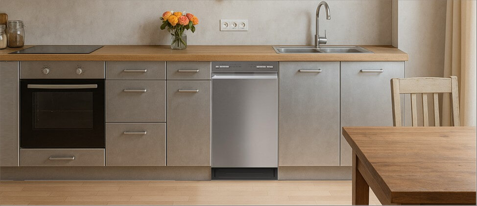 A sleek, contemporary kitchen with built-in cabinetry, integrated appliances, and a modern sink setup. The Midea MDF18A1AST dishwasher is seamlessly installed within the cabinetry, demonstrating its compatibility with clean, minimalist kitchen designs.