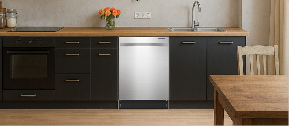 A sleek, contemporary kitchen with built-in cabinetry, integrated appliances, and a modern sink setup. The SHARP SDW6757ES dishwasher is seamlessly installed within the cabinetry, demonstrating its compatibility with clean, minimalist kitchen designs.