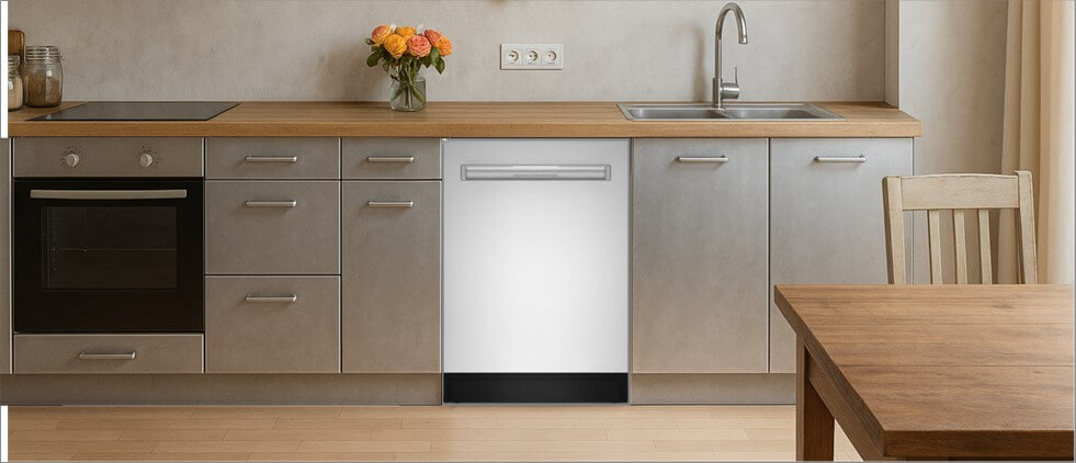 A bright, modern kitchen featuring built-in cabinetry with integrated appliances and a sink. One of the cabinets is fitted with a the SHARP SDW6767HS dishwasher, highlighting how well it integrates into a minimalist, functional kitchen layout.