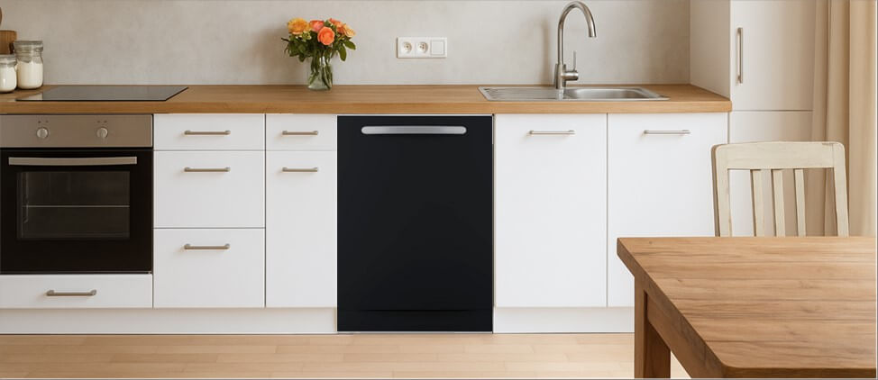 A bright, modern kitchen featuring built-in cabinetry with integrated appliances and a sink. One of the cabinets is fitted with a the Summit DW243BADA dishwasher, highlighting how well it integrates into a minimalist, functional kitchen layout.