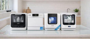 Best COMFEE Countertop Dishwashers – showcasing COMFEE CDC17P2AWW, COMFEE CDC22P2AWW, and COMFEE MINILITE CDC17P0ABB models placed side by side on a sleek glass kitchen countertop in a bright modern kitchen.