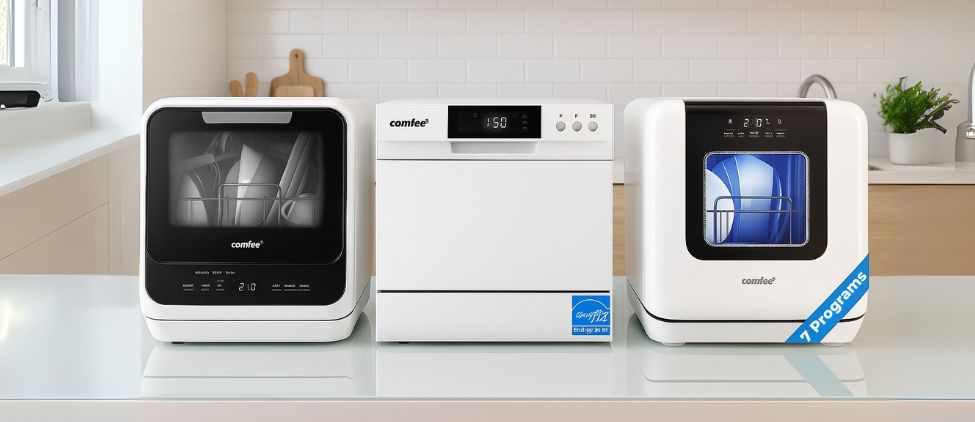 Best COMFEE Countertop Dishwashers Best COMFEE Countertop Dishwashers – showcasing COMFEE CDC17P2AWW, COMFEE CDC22P2AWW, and COMFEE MINILITE CDC17P0ABB models placed side by side on a sleek glass kitchen countertop in a bright modern kitchen.