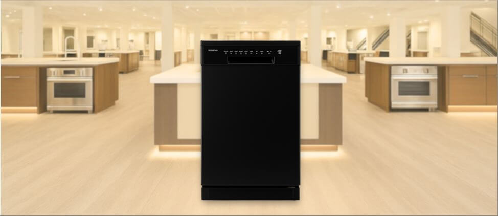In this EdgeStar BIDW1802BL Dishwasher image, the built-in (under-counter) dishwasher is displayed in a showroom setting, highlighting its modern design and front panel.