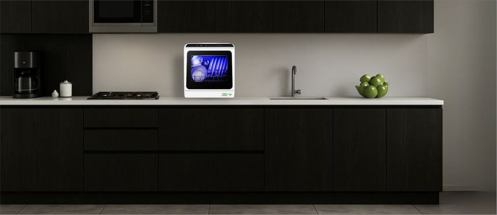 A kitchen image with EUHOMY DW-01 dishwasher on the top of the kitchen counter.