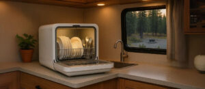 Cozy RV kitchen with a sleek countertop dishwasher in use, showcasing sparkling clean dishes for the Best Countertop Dishwashers for RVs and Campers.