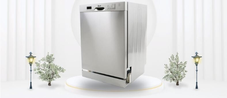 A featured image of the topic Avanti DWF24V3S Dishwasher Review. A Avanti DWF24V3S dishwasher is showcased on a pedestal with a glowing halo at the base, flanked by ornamental plants and other things, set against a backdrop of elegant white curtains.