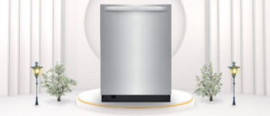 A featured image of the topic Frigidaire FDSH4501AS Dishwasher Review. A Frigidaire FDSH4501AS dishwasher is showcased on a pedestal with a glowing halo at the base, flanked by ornamental plants and other things, set against a backdrop of elegant white curtains.