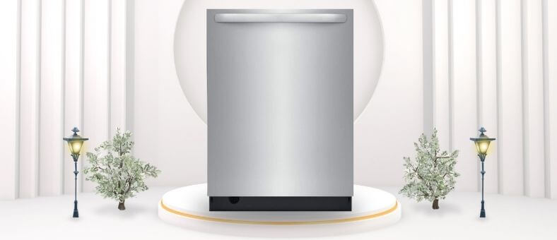 01 – Frigidaire FDSH4501AS Dishwasher Review A featured image of the topic Frigidaire FDSH4501AS Dishwasher Review. A Frigidaire FDSH4501AS dishwasher is showcased on a pedestal with a glowing halo at the base, flanked by ornamental plants and other things, set against a backdrop of elegant white curtains.
