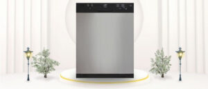 A featured image of the topic SPT SD-6501SSA Dishwasher Review. A SPT SD-6501SSA dishwasher is showcased on a pedestal with a glowing halo at the base, flanked by ornamental plants and other things, set against a backdrop of elegant white curtains.